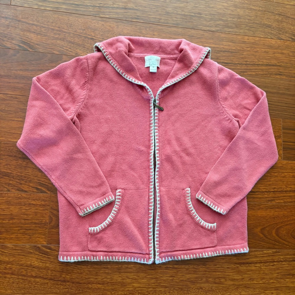 Hand Embroidered Christopher & Banks Vintage 2003 Y2K Pink Zip Up Ramie Sweater